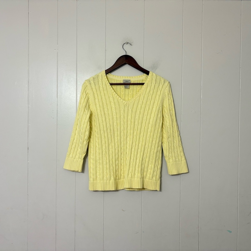 L.L.Bean Cable Knit Sweater Yellow Cotton V Neck 3/4 Sleeve Womens M